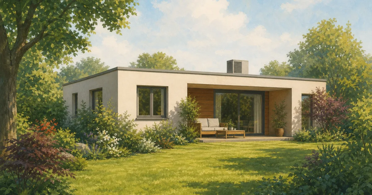 KI-Illustration eines erfundenen Hauses mit Wärmepumpe auf dem Flachdach und freiem Garten.