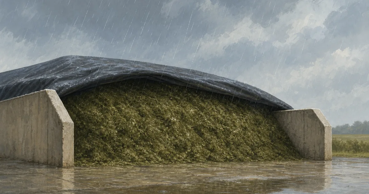 KI-Illustration eines geöffneten Fahrsilos mit abgedeckter Silage, Regen und einer kleinen Pfütze auf der befestigten Fläche.
