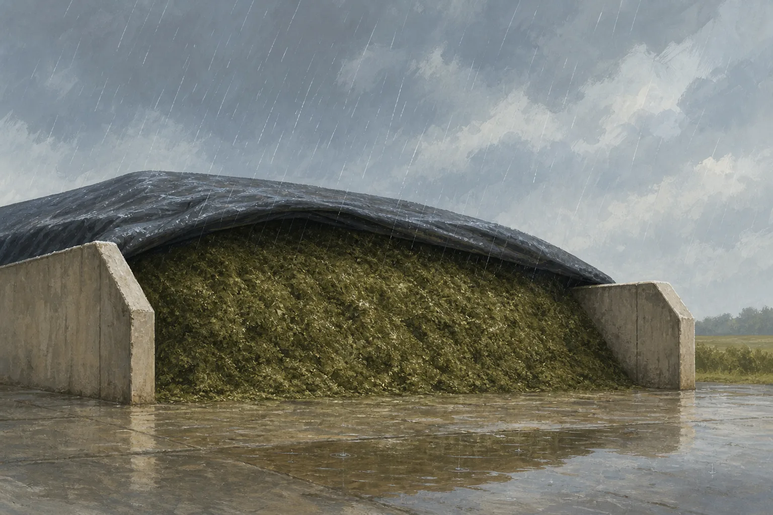 KI-Illustration eines geöffneten Fahrsilos mit abgedeckter Silage, Regen und einer kleinen Pfütze auf der befestigten Fläche.