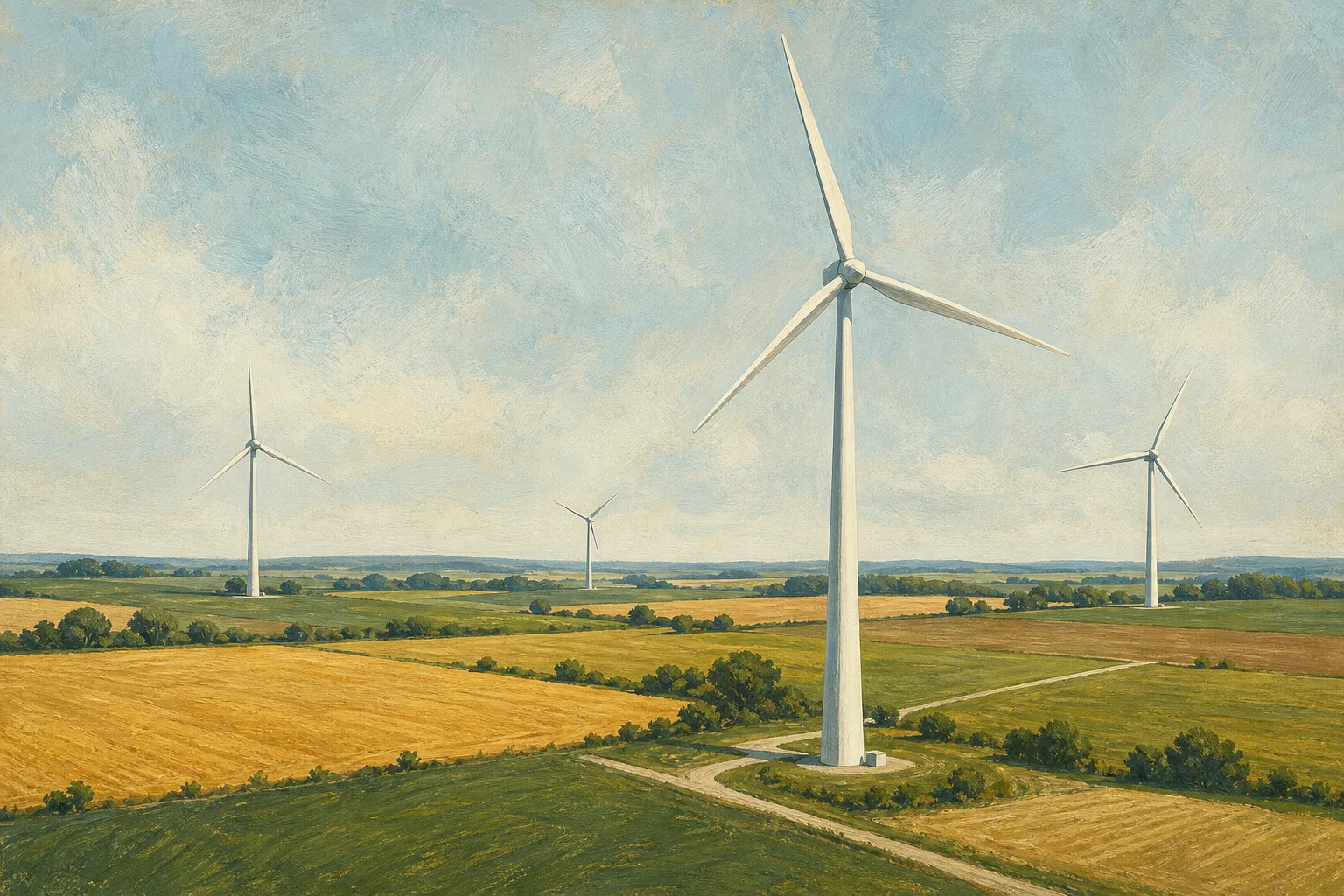 Symbolische KI-Illustration von vier Windrädern auf landwirtschaftlich genutzten Flächen, keine Ansicht des realen Windparks Passow-Benthen.