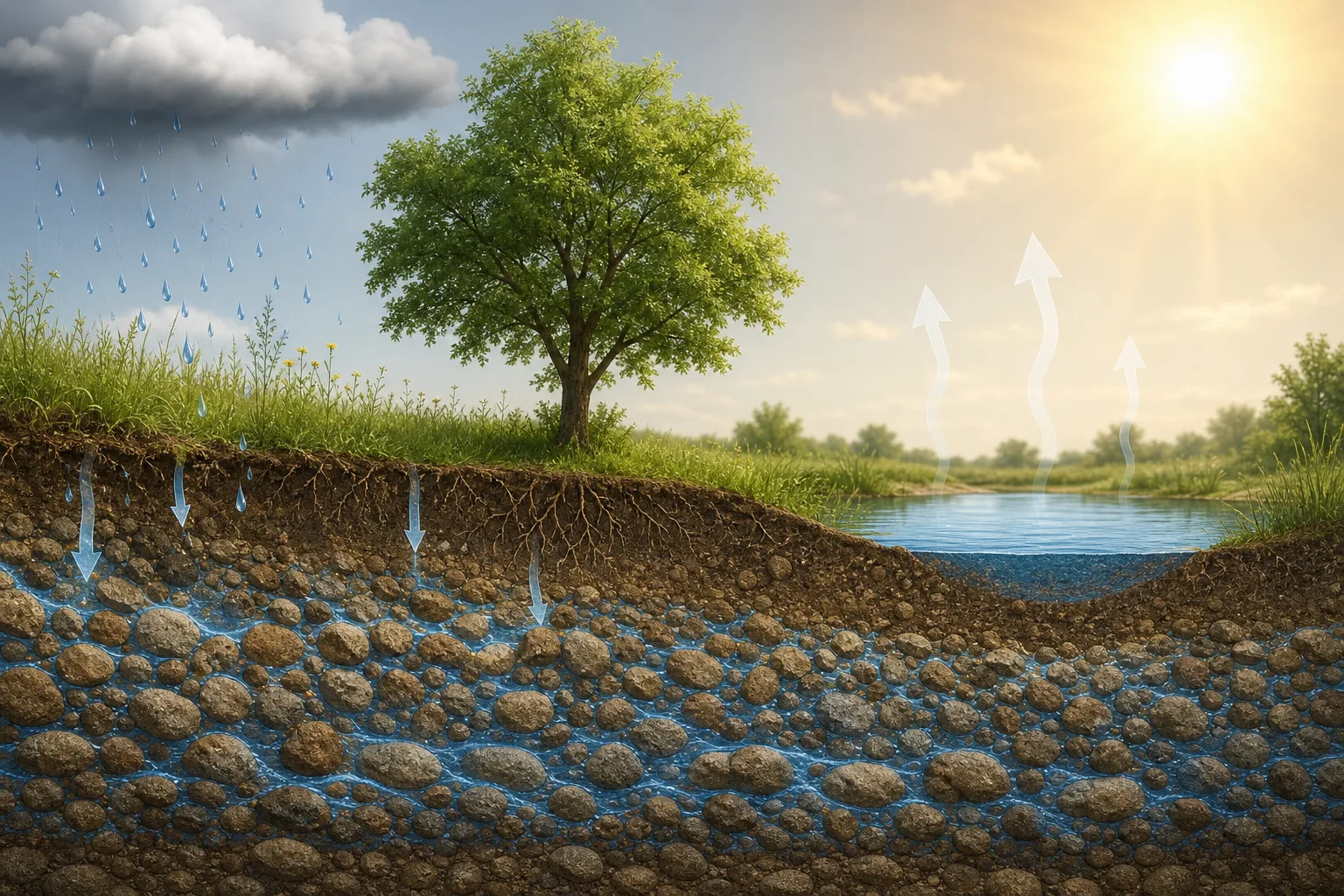 KI-Illustration eines Landschaftsquerschnitts mit Regen, Wasser im Boden und aufsteigenden Verdunstungspfeilen.