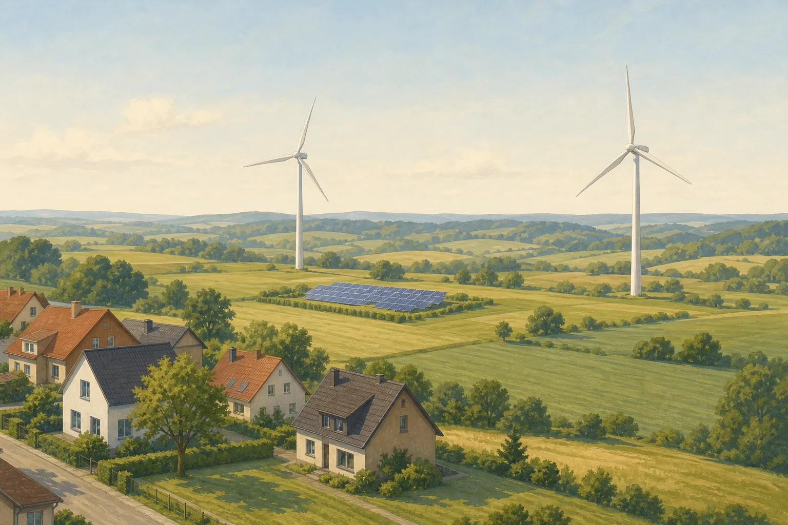 KI-Illustration einer Ortschaft mit Windrädern und Solaranlage in der umgebenden Landschaft.