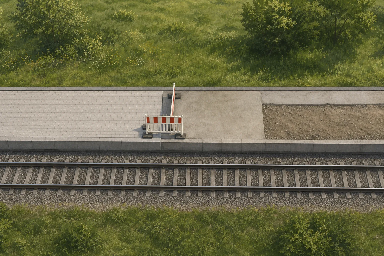 KI-Illustration eines Bahnsteigs, der entlang eines Gleises um einen abgesperrten Bauabschnitt verlängert wird.