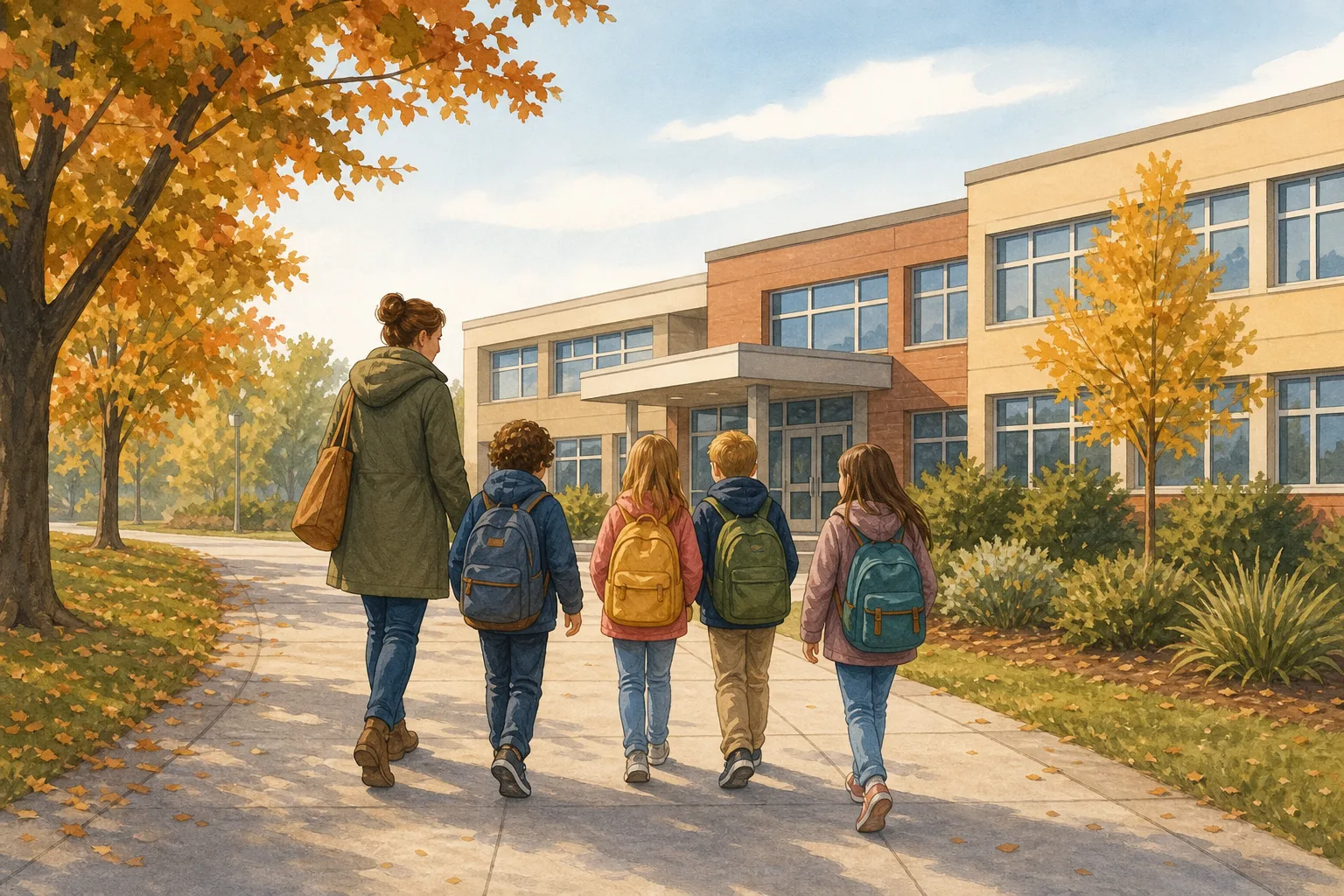KI-Symbolillustration einer kleinen Gruppe von Kindern mit Rucksäcken und einer erwachsenen Begleitung auf einem breiten Gehweg.