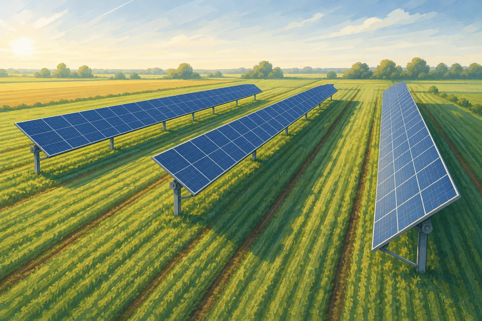 KI-Symbolillustration eines Ackers mit breiten grünen Zwischenräumen zwischen Solarmodulreihen.