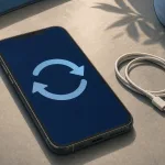 KI-Symbolillustration eines gebrauchten markenlosen Smartphones mit abstraktem Aktualisierungssymbol und Ladekabel.