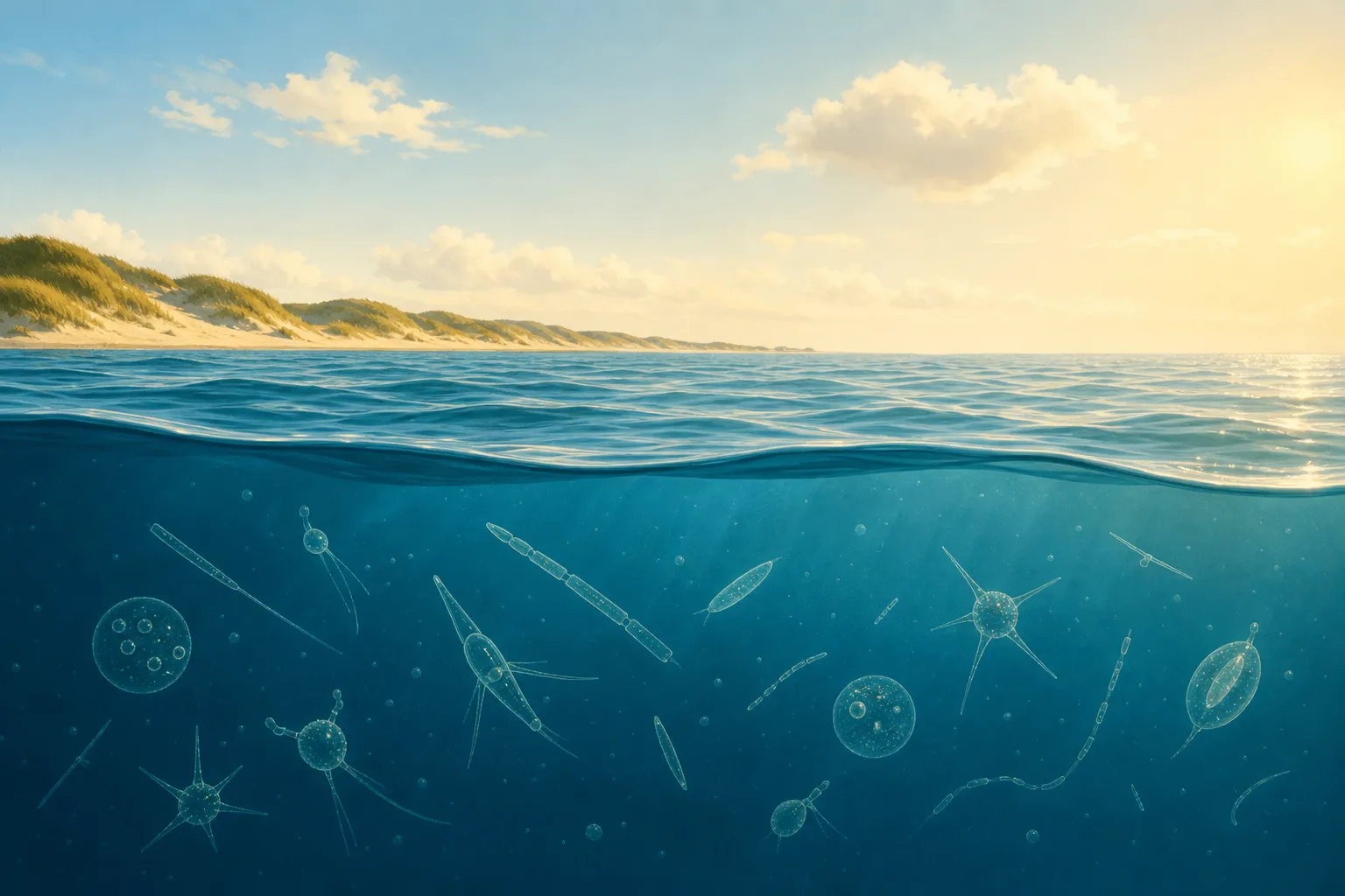 KI-Illustration einer Meeresküste mit schematisch vergrößerten Planktonformen unter der Wasseroberfläche.