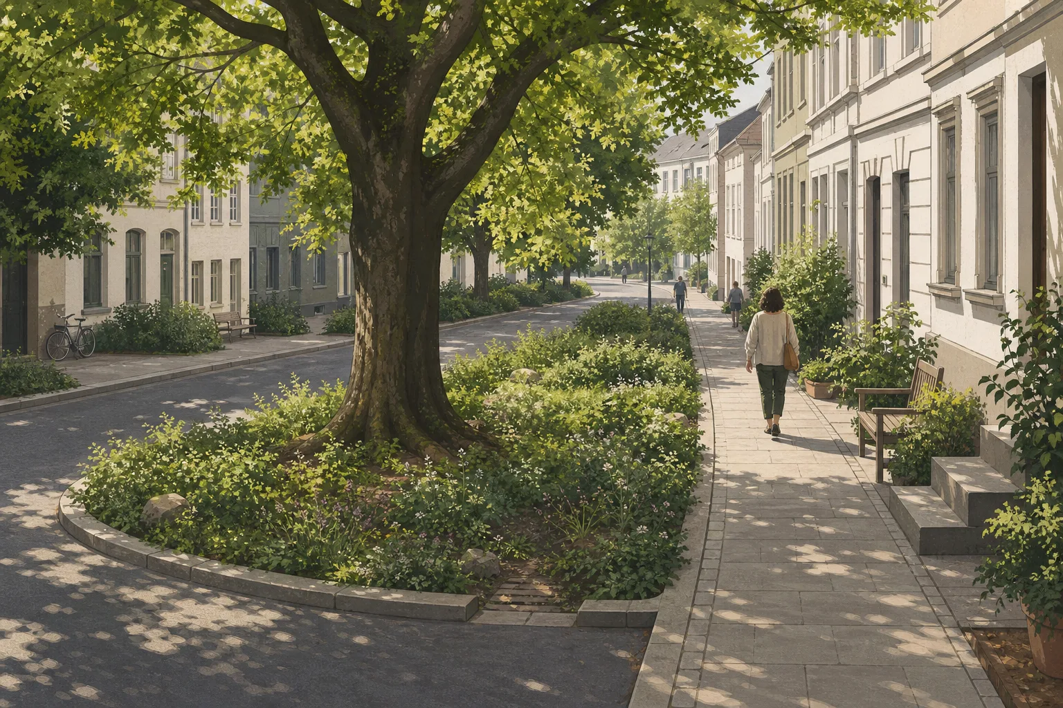 KI-Symbolillustration einer erfundenen Stadtstraße mit großem Baum, offener bepflanzter Bodenfläche, Gehweg und Fahrbahn.