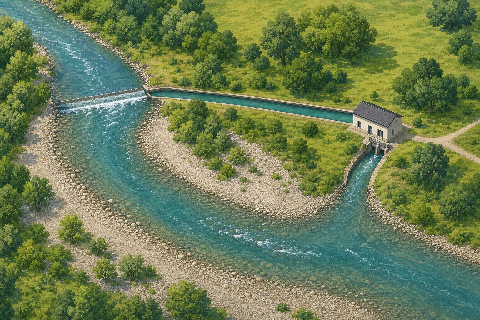 KI-Symbolillustration eines Ausleitungskraftwerks: Kanal zur Turbine und wasserführendes ursprüngliches Flussbett vereinigen sich flussabwärts.