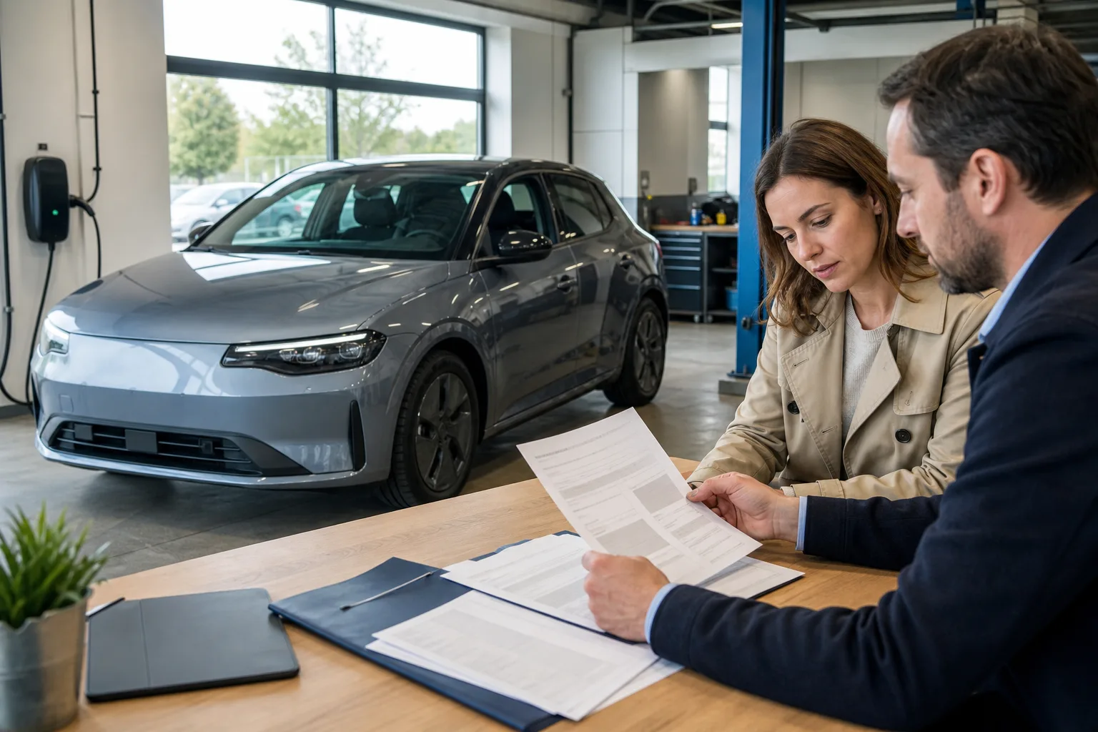 Eine Person prüft in einem französischen Autohaus mit einer Verkaufsperson ein gebrauchtes markenfreies Elektroauto und Batterieunterlagen.