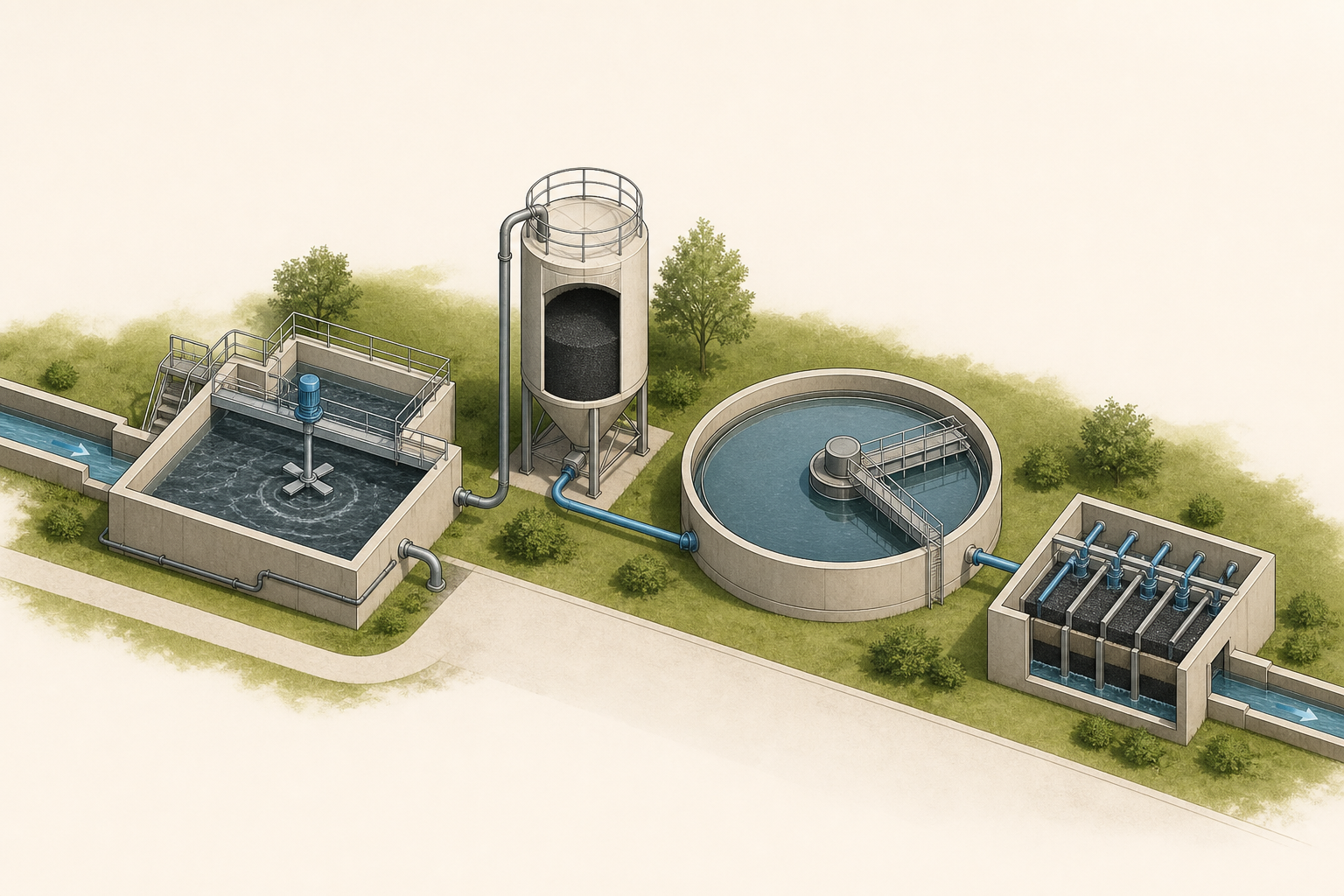 KI-Illustration einer schematischen Abwasserbehandlung mit Aktivkohlesilo, Kontaktbecken, Absetzbecken und Filter.