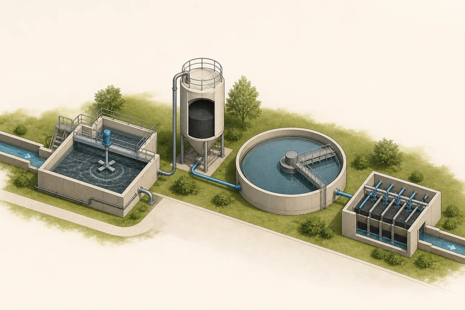 KI-Illustration einer schematischen Abwasserbehandlung mit Aktivkohlesilo, Kontaktbecken, Absetzbecken und Filter.