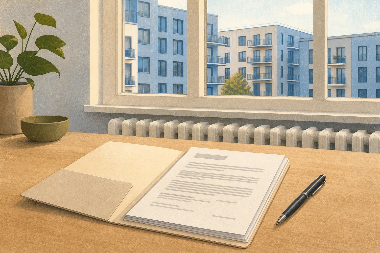 KI-Illustration einer Dokumentenmappe auf einem Tisch vor Heizkörper und Fenster mit Wohnhäusern.