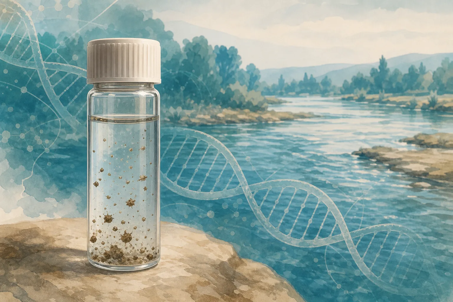 Symbolische Illustration einer Schwebstoffprobe vor einem Fluss mit grafischer DNA-Doppelhelix.