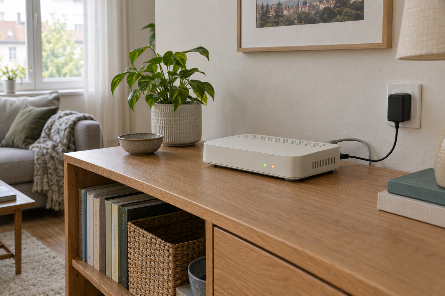 Ein neutral gestalteter Router mit Strom- und Netzwerkkabel steht offen auf einem Holzsideboard im Wohnzimmer.