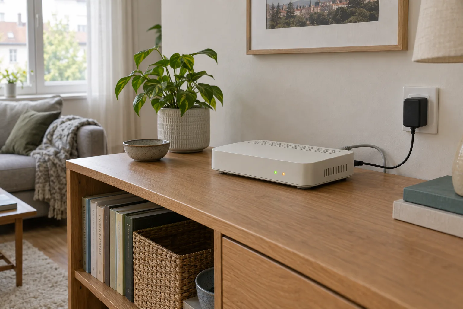 Ein neutral gestalteter Router mit Strom- und Netzwerkkabel steht offen auf einem Holzsideboard im Wohnzimmer.