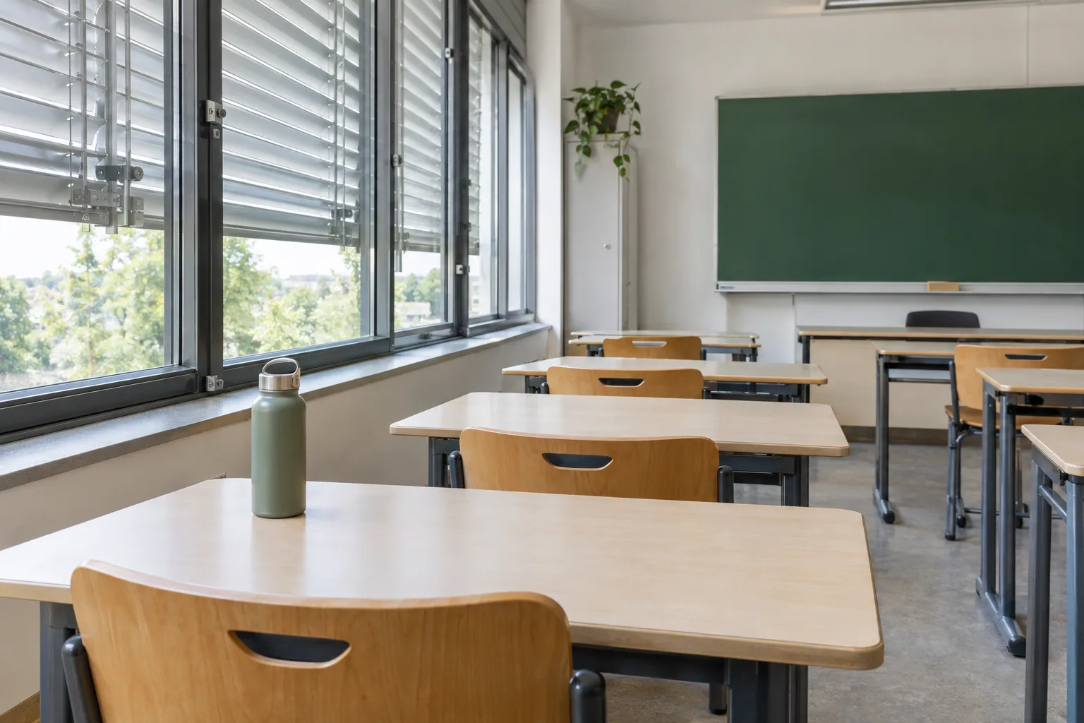 Leeres Klassenzimmer mit Schultischen, Trinkflasche und äußeren Sonnenschutzlamellen vor der seitlichen Fensterfront.
