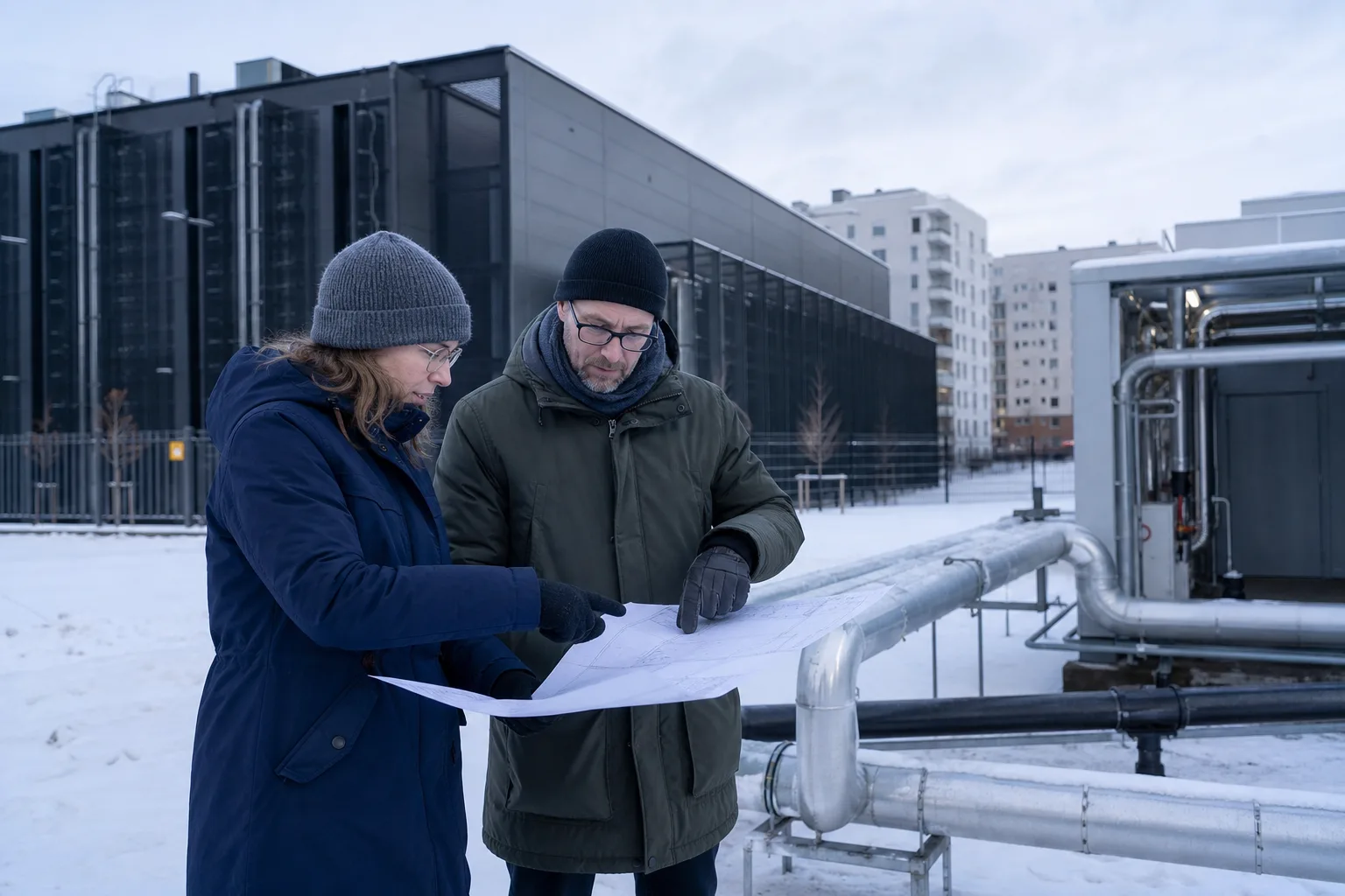 Markenfreie redaktionelle Rekonstruktion einer geplanten Verbindung zwischen KI-Rechenzentrum und Helsinkier Fernwärmenetz im Winter.