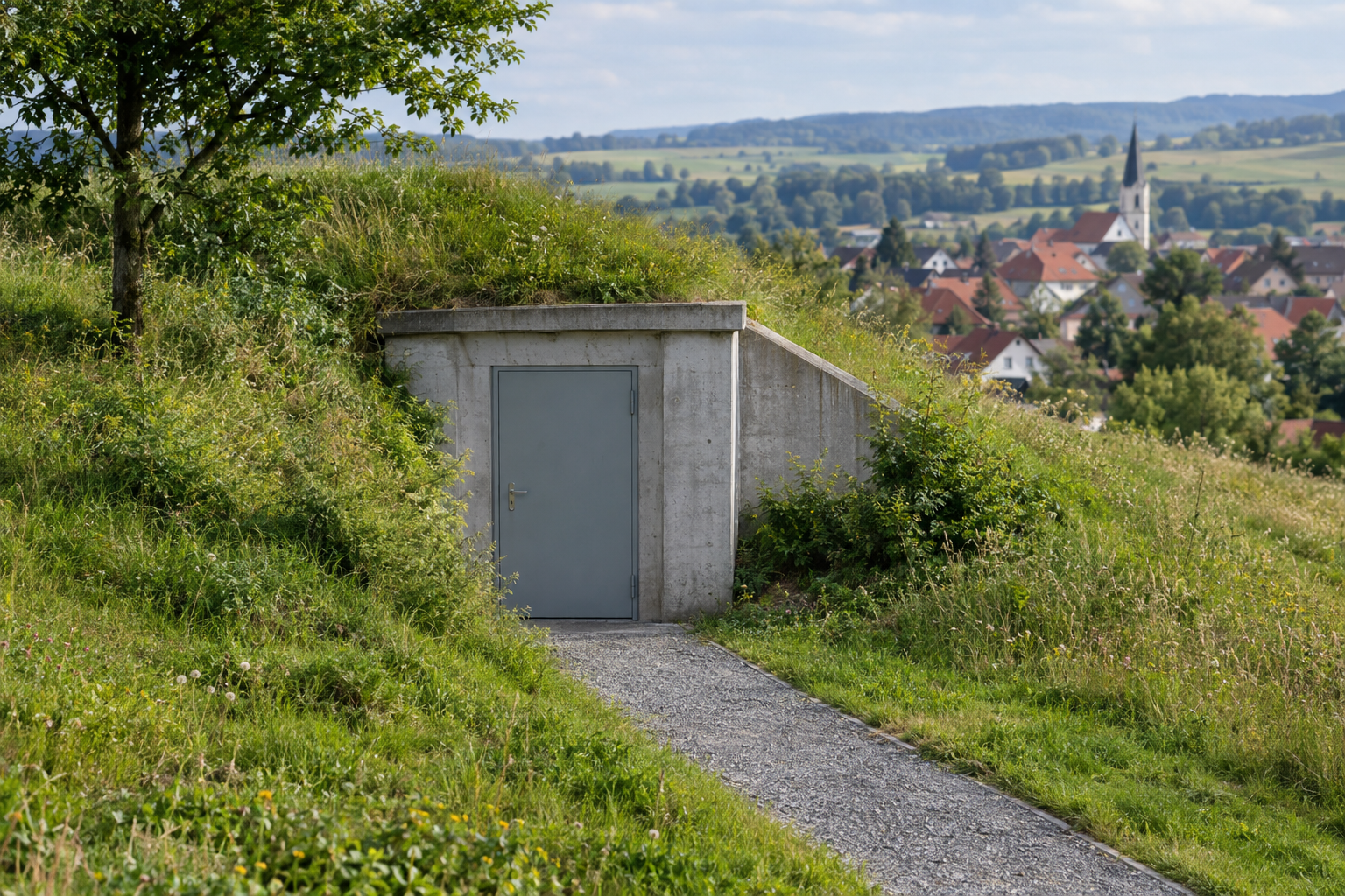 Geschlossener Beton-Zugangsbau eines Trinkwasser-Hochbehälters in einem begrünten Hang mit Zugangsweg und kleiner Ortschaft im Hintergrund.
