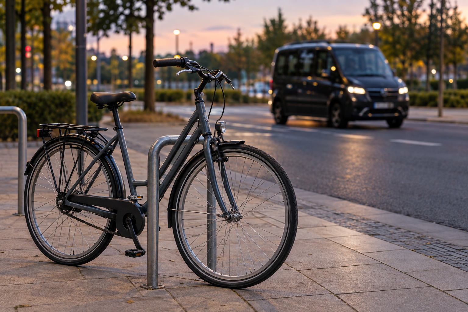 Cityrad im Fahrradständer an einem städtischen Gehweg in der Abenddämmerung, im unscharfen Hintergrund ein Personen-Shuttle.