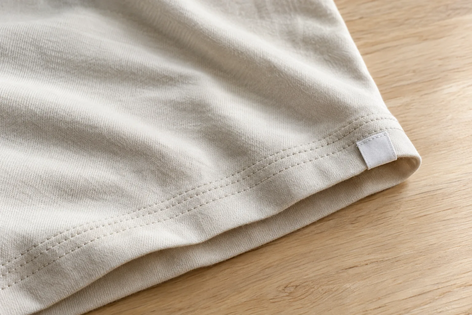 Nahansicht eines cremefarbenen Shirts mit sichtbarer Doppelnaht, feiner Jerseystruktur und einem schlichten weißen Stoffetikett auf Holz.