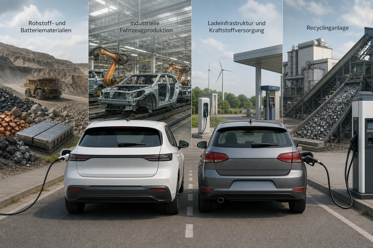 Elektroauto und Benzinauto vor einer Bildmontage aus Rohstoffgewinnung, Fahrzeugproduktion, Energieversorgung und Recycling
