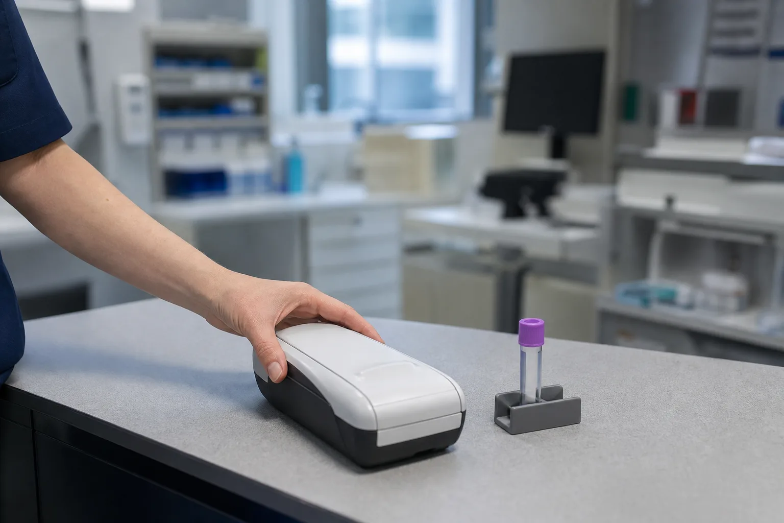 Eine markenfreie portable Messvorrichtung und ein verschlossenes Probenröhrchen stehen an einem neutralen Diagnostikarbeitsplatz.