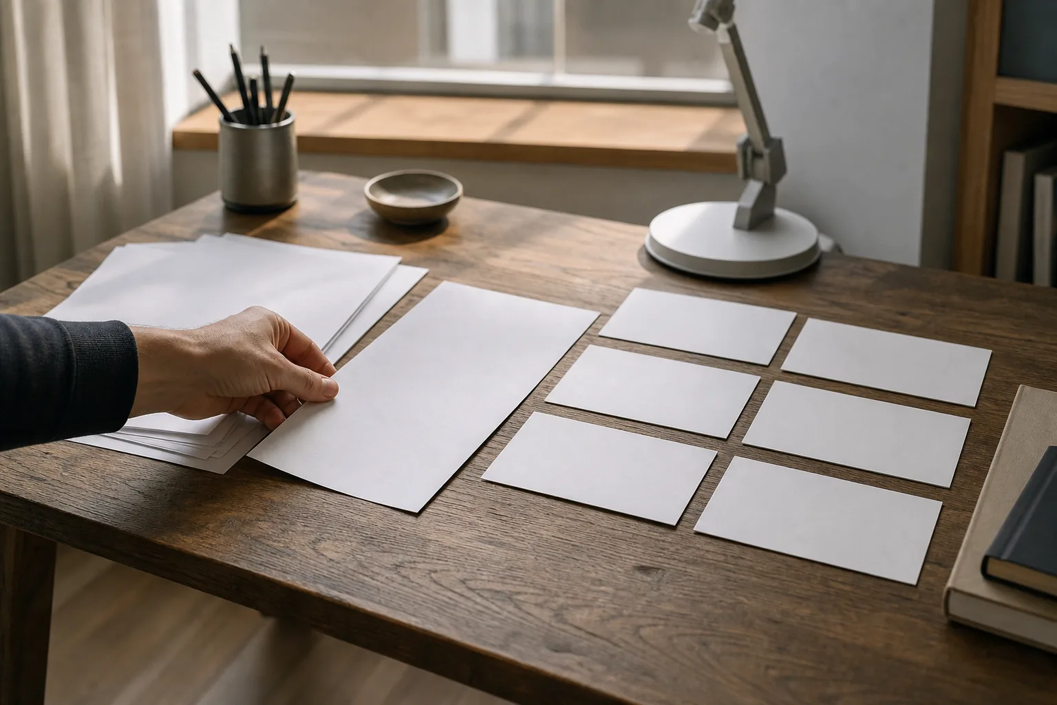 Hände legen unmarkierte Dokumentseiten neben leere Storyboardkarten auf einen Schreibtisch