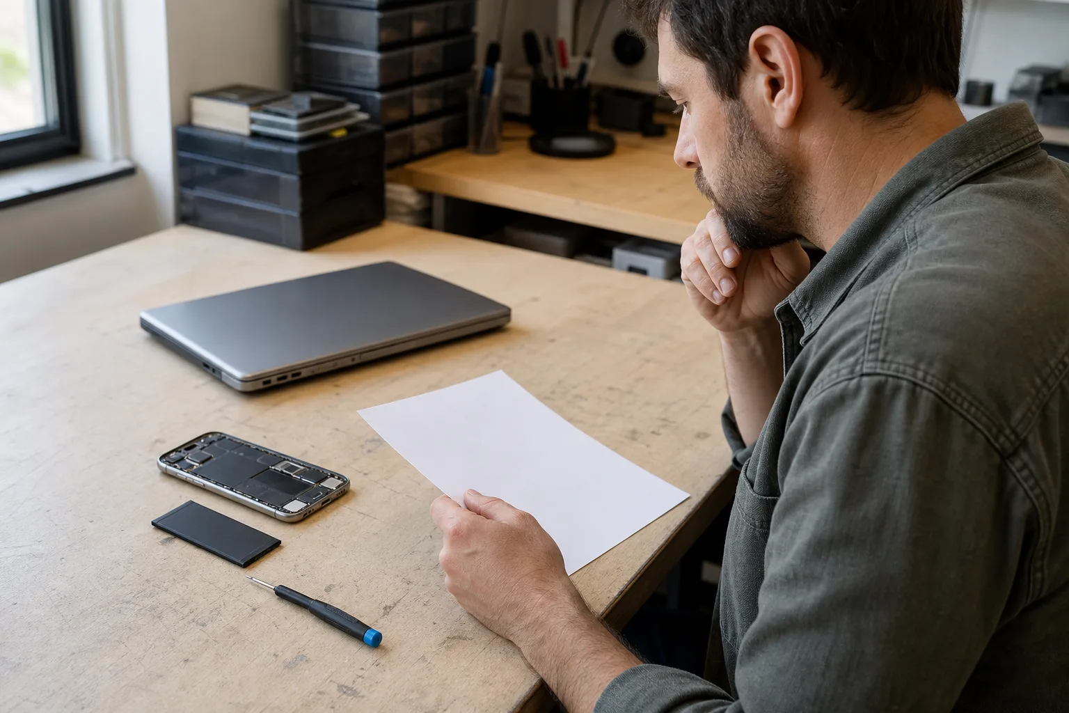 Geöffnetes neutrales Smartphone mit entnommenem Akku neben Werkzeug und Kostenvoranschlag auf einem Reparaturtisch