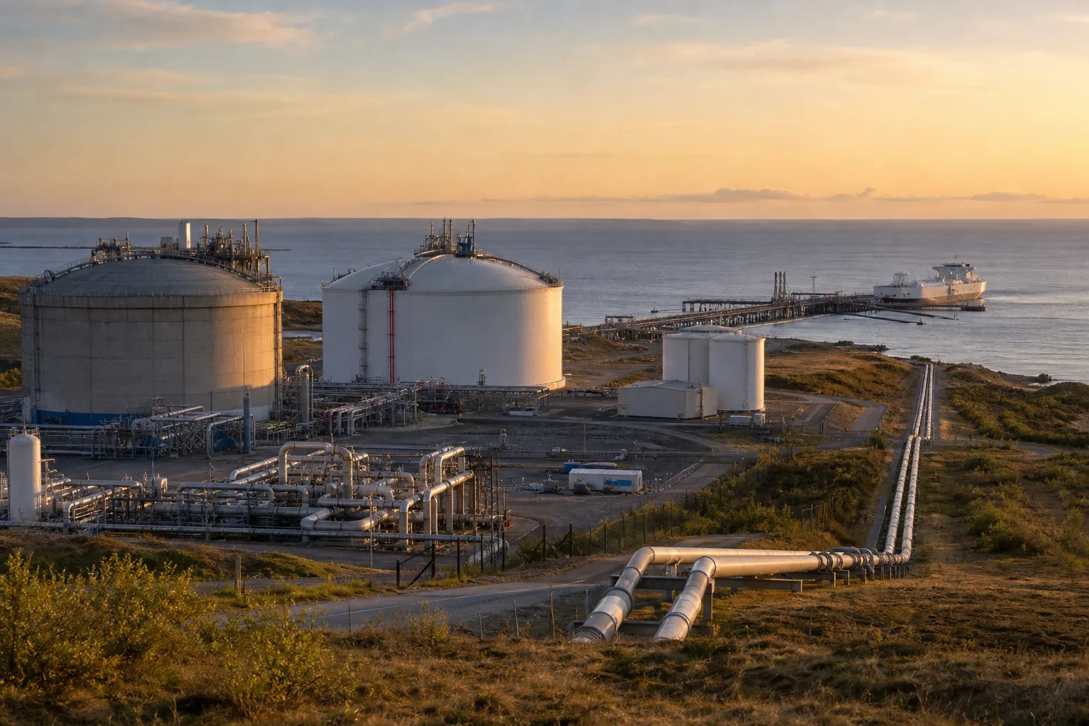 Unmarkierter europäischer Küsten-Gasknoten mit Speichertanks, Regasifizierungsrohren und einer Pipeline-Trasse