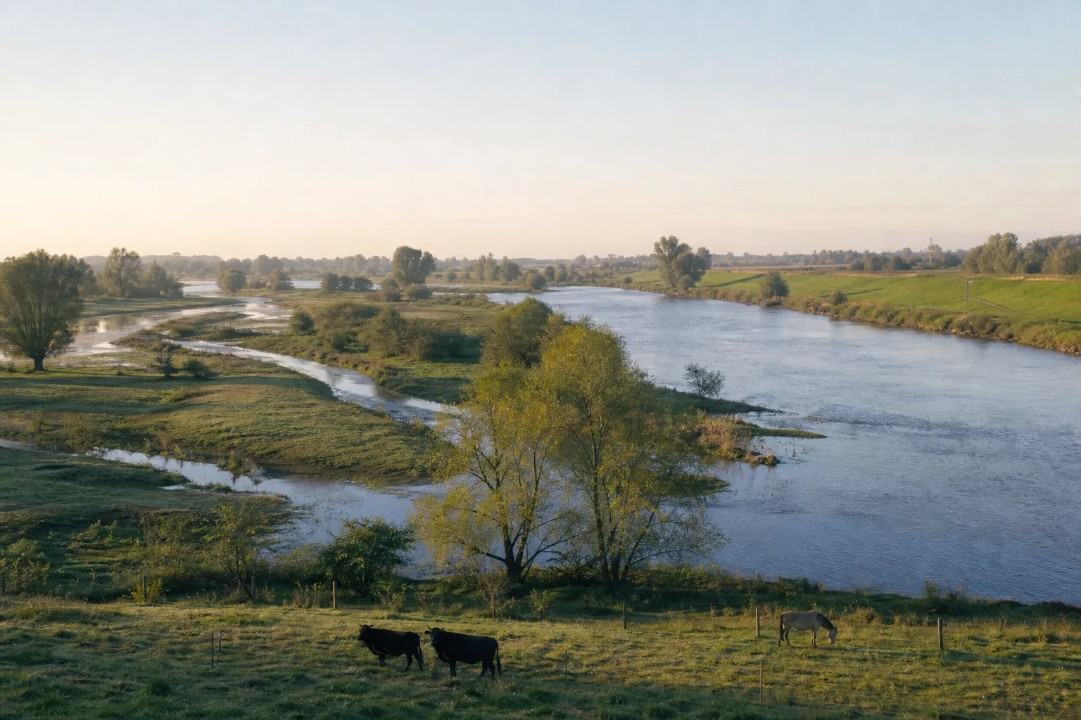 Weite niederländische Flussaue mit offenem Nebenarm, feuchten Wiesen, Flusswald, Deich und drei Weidetieren
