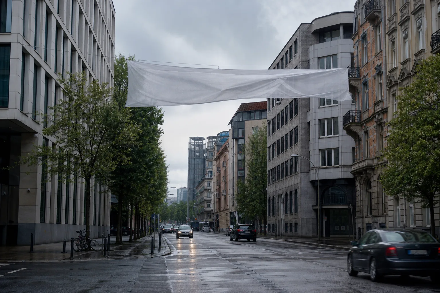 Europäische Stadtstraße an einer Kreuzung zwischen unterschiedlich hohen Häuserfronten, Bäumen und wenigen Fahrzeugen