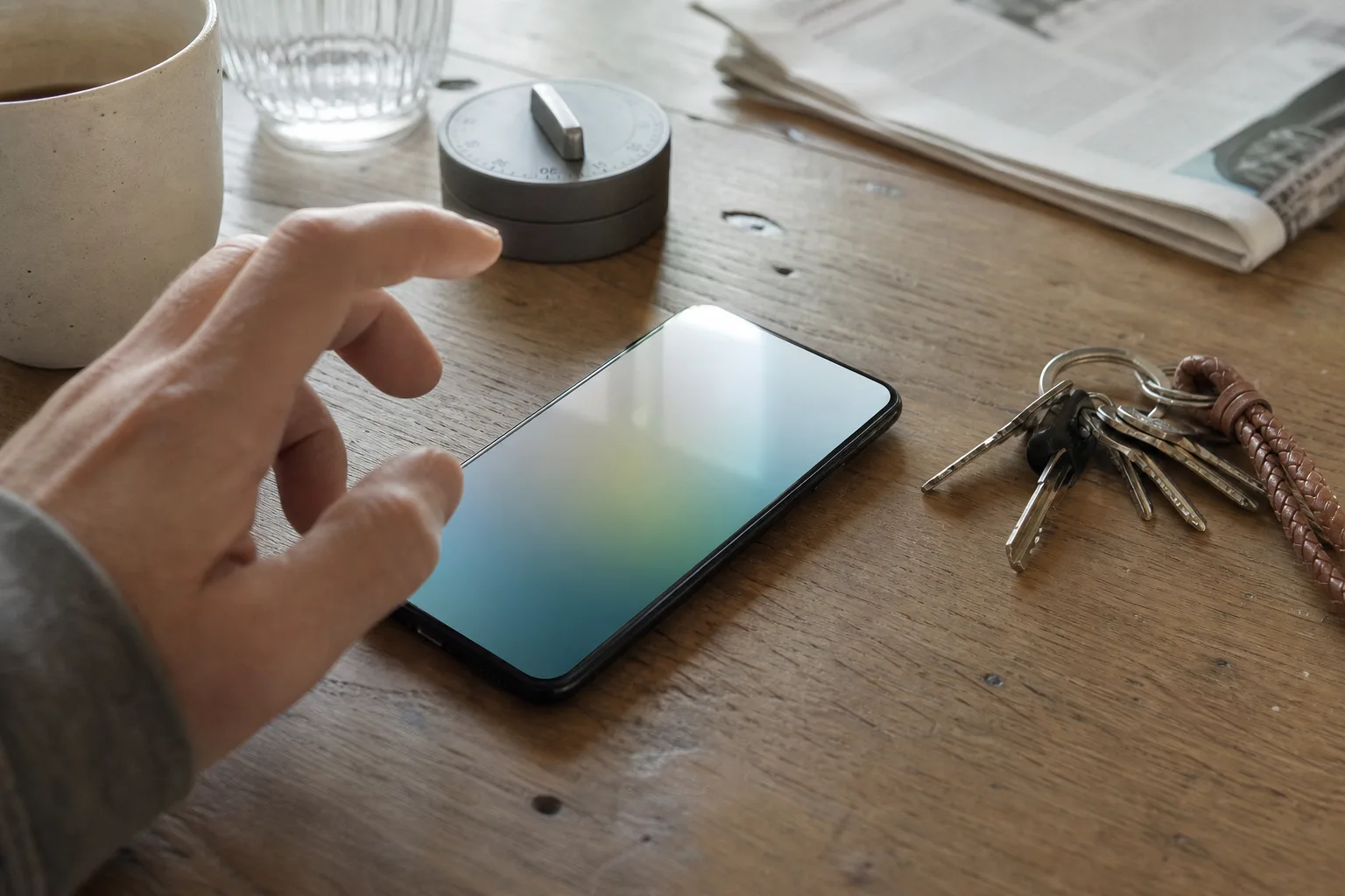 Unmarkiertes Smartphone neben Küchentimer und Schlüsselbund auf einem benutzten Tisch