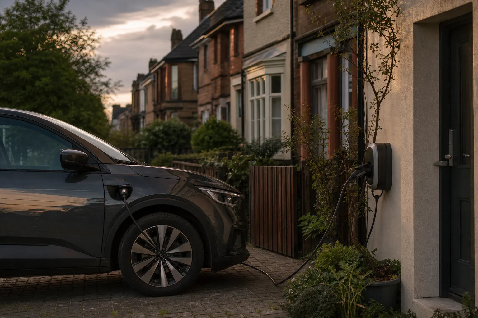 Unmarkiertes Elektroauto steht mit angeschlossenem Kabel vor einer Wallbox