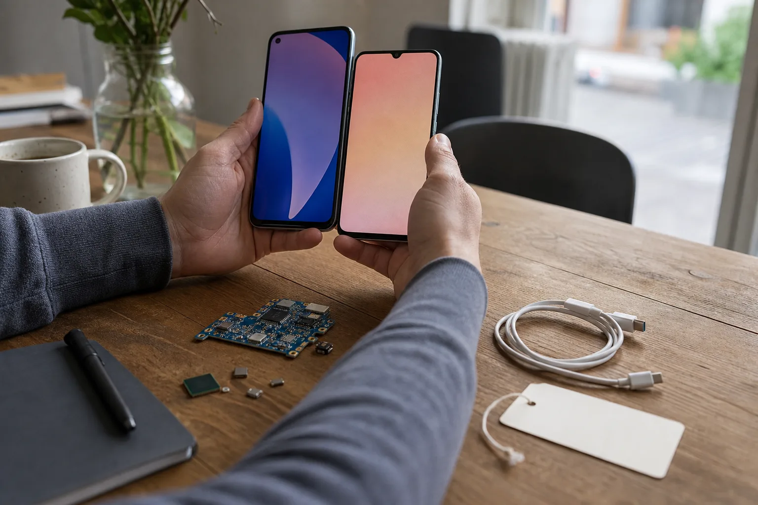 Eine markenfreie Alltagsszene zeigt zwei neutrale mobile Geräte neben einer abstrakten Chipkomponente.