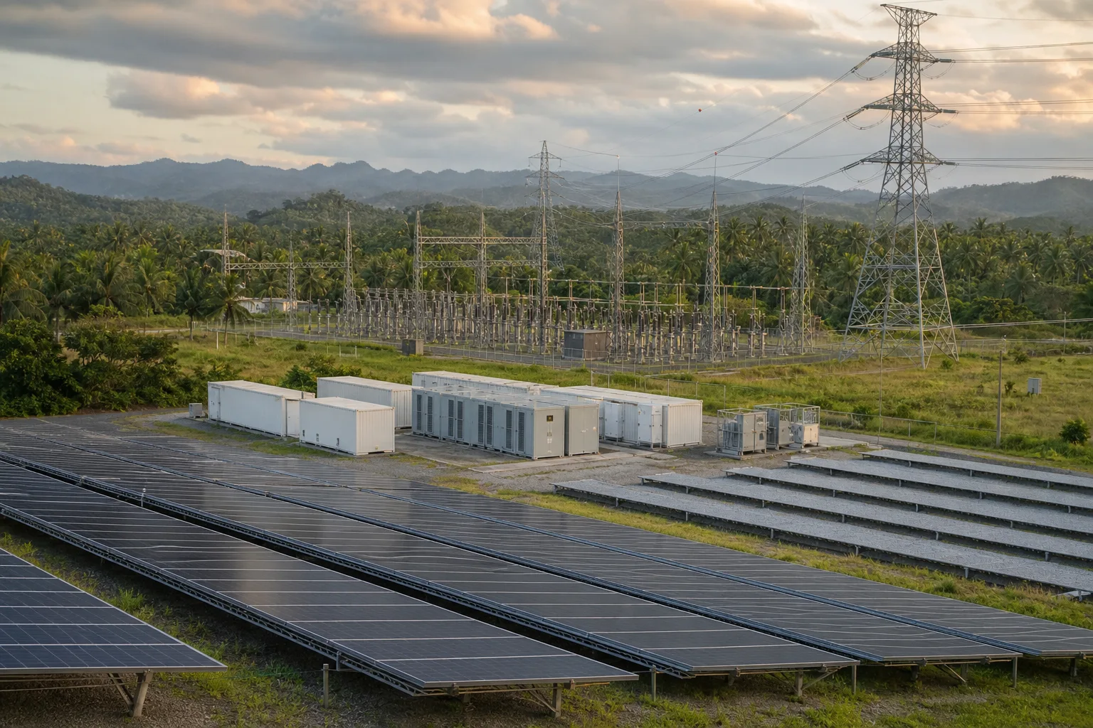 Solarpark, unmarkierte Batteriespeicher und Hochspannungsleitungen an einer illustrativen Netzschnittstelle auf den Philippinen.