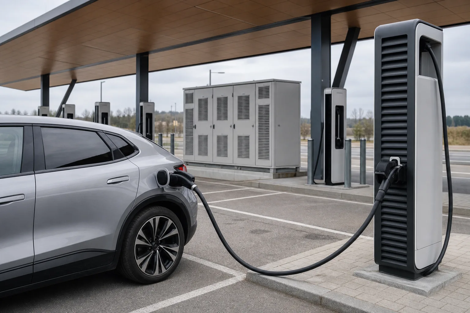 Unmarkiertes Elektroauto lädt an einem DC-Dispenser neben einem abgesetzten zentralen Power-Cabinet und weiteren Ladeplätzen.