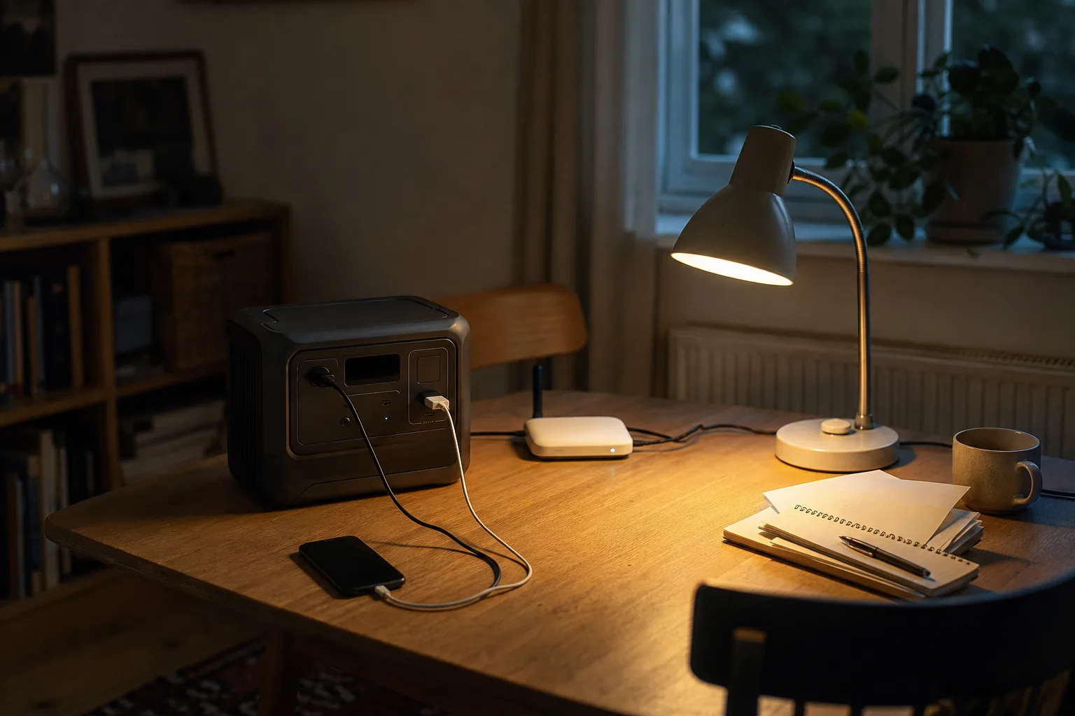 Eine kompakte Powerstation versorgt auf einem Tisch einen kleinen Router, eine LED-Lampe und ein Smartphone.