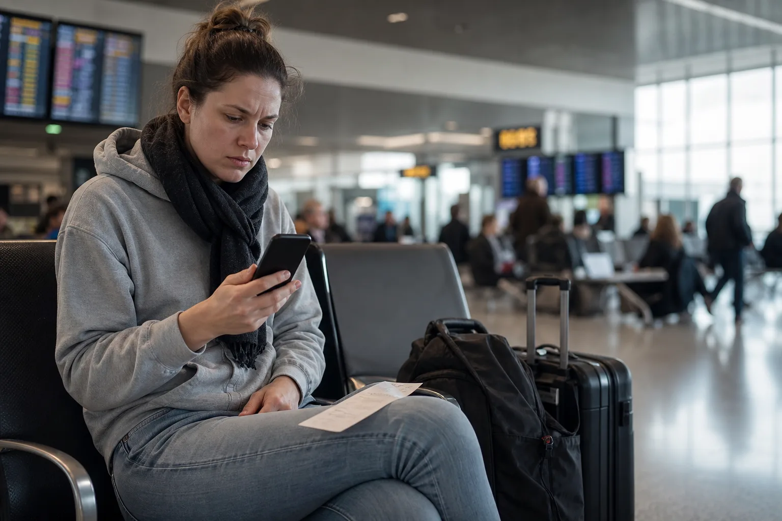 Reisende beobachtet in einem Flughafen-Wartebereich eine unleserliche Smartphone-Ansicht nach einer Flugstörung.