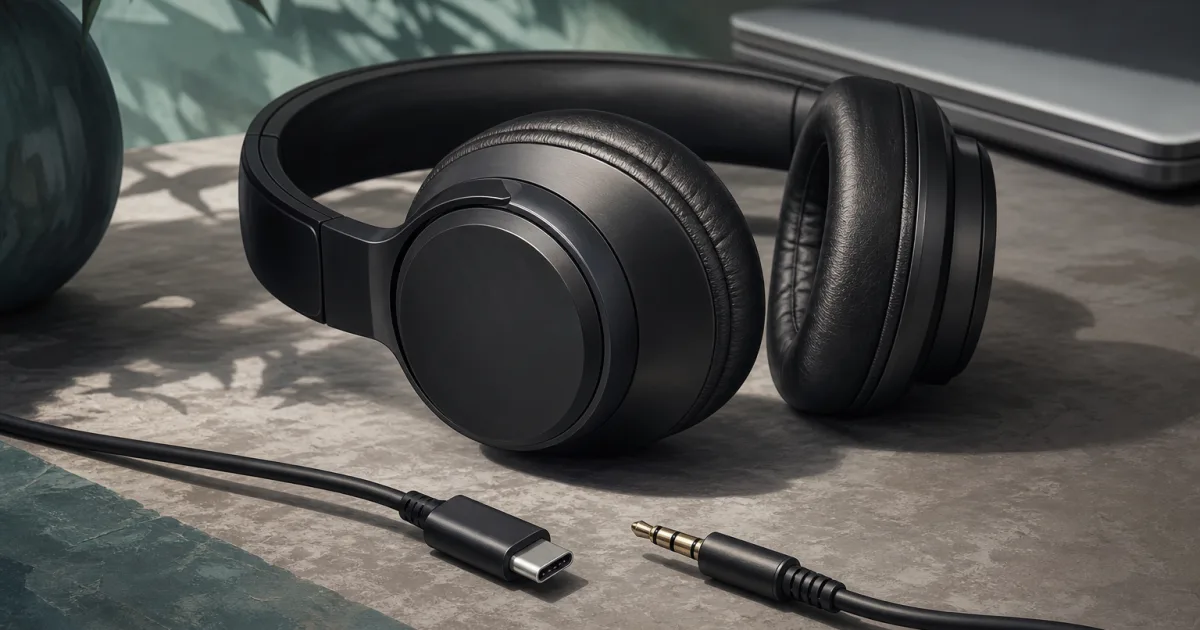 Illustration eines unbeschrifteten Over-Ear-Kopfhörers neben losen USB-C- und 3,5-mm-Klinkensteckern auf einem Schreibtisch.