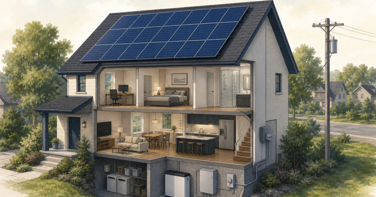 Symbolische Illustration eines Hauses mit Solardach, Batteriespeicher und Verbindung zum örtlichen Stromnetz.