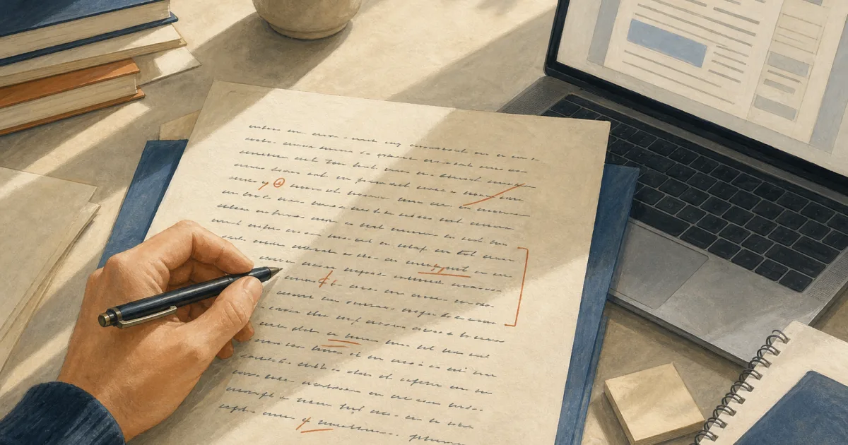 Illustration einer Hand mit Stift über einer schriftlichen Aufgabe neben einem Laptop mit abstrakter Textansicht.