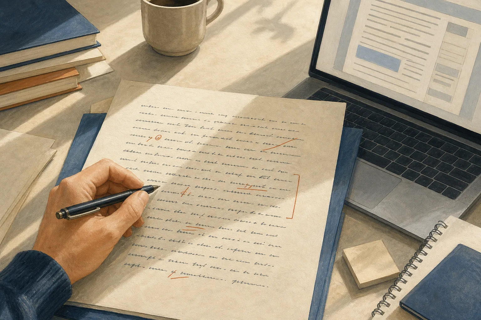 Illustration einer Hand mit Stift über einer schriftlichen Aufgabe neben einem Laptop mit abstrakter Textansicht.