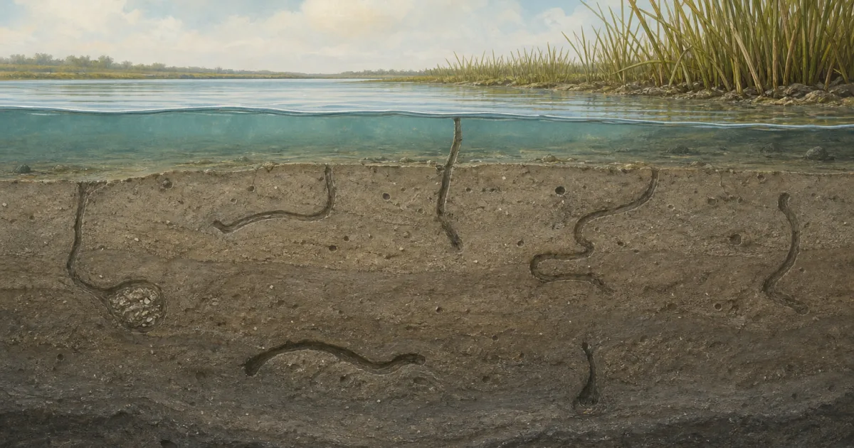 Schematische KI-Illustration eines Lagunenbodens mit Grabgängen unter einer flachen Wasserschicht.