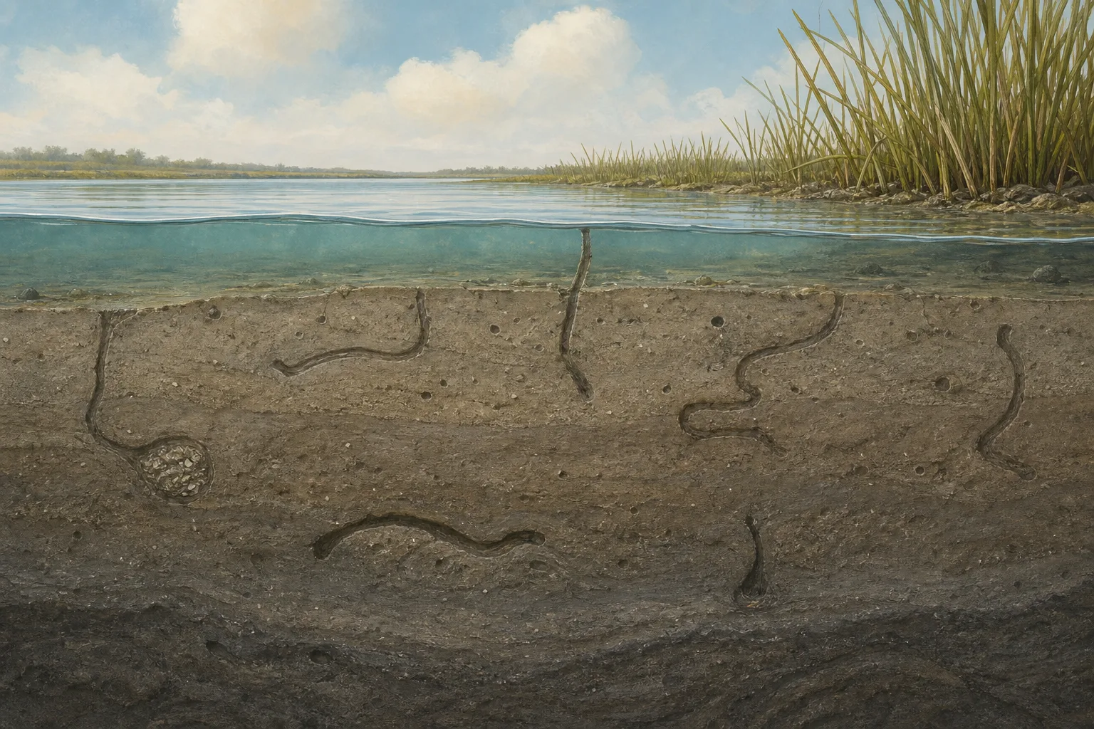 Schematische KI-Illustration eines Lagunenbodens mit Grabgängen unter einer flachen Wasserschicht.