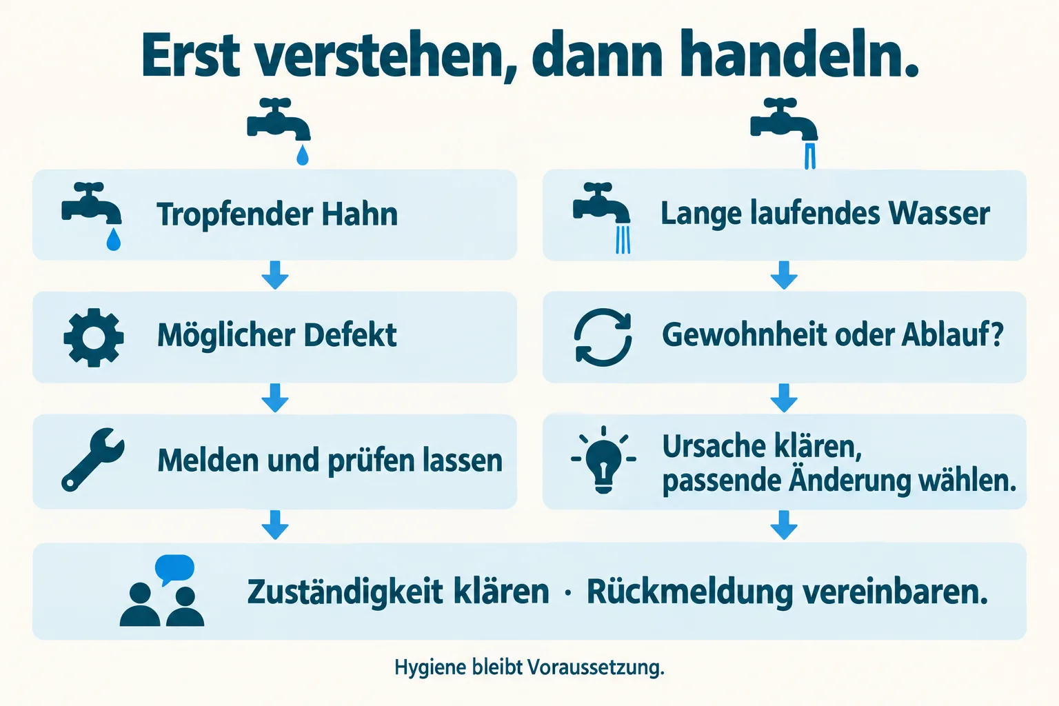 Zweispaltiges Schema: Ein tropfender Hahn führt zur Prüfung eines möglichen Defekts, lange laufendes Wasser zur Klärung von Gewohnheit oder Ablauf; beide Wege brauchen Zuständigkeit und Rückmeldung.
