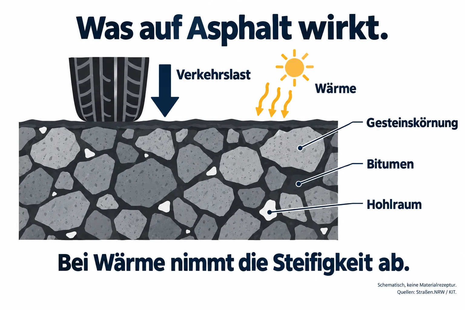 Schema eines Asphaltquerschnitts mit Gesteinskörnung, Bitumen und Hohlräumen sowie Pfeilen für Wärme und Verkehrslast.