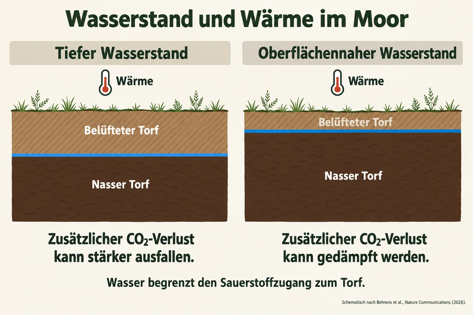 Zwei Torfquerschnitte mit tiefem und oberflächennahem Wasserstand zeigen einen größeren beziehungsweise kleineren belüfteten Torfbereich und den möglichen Wärmeeffekt.