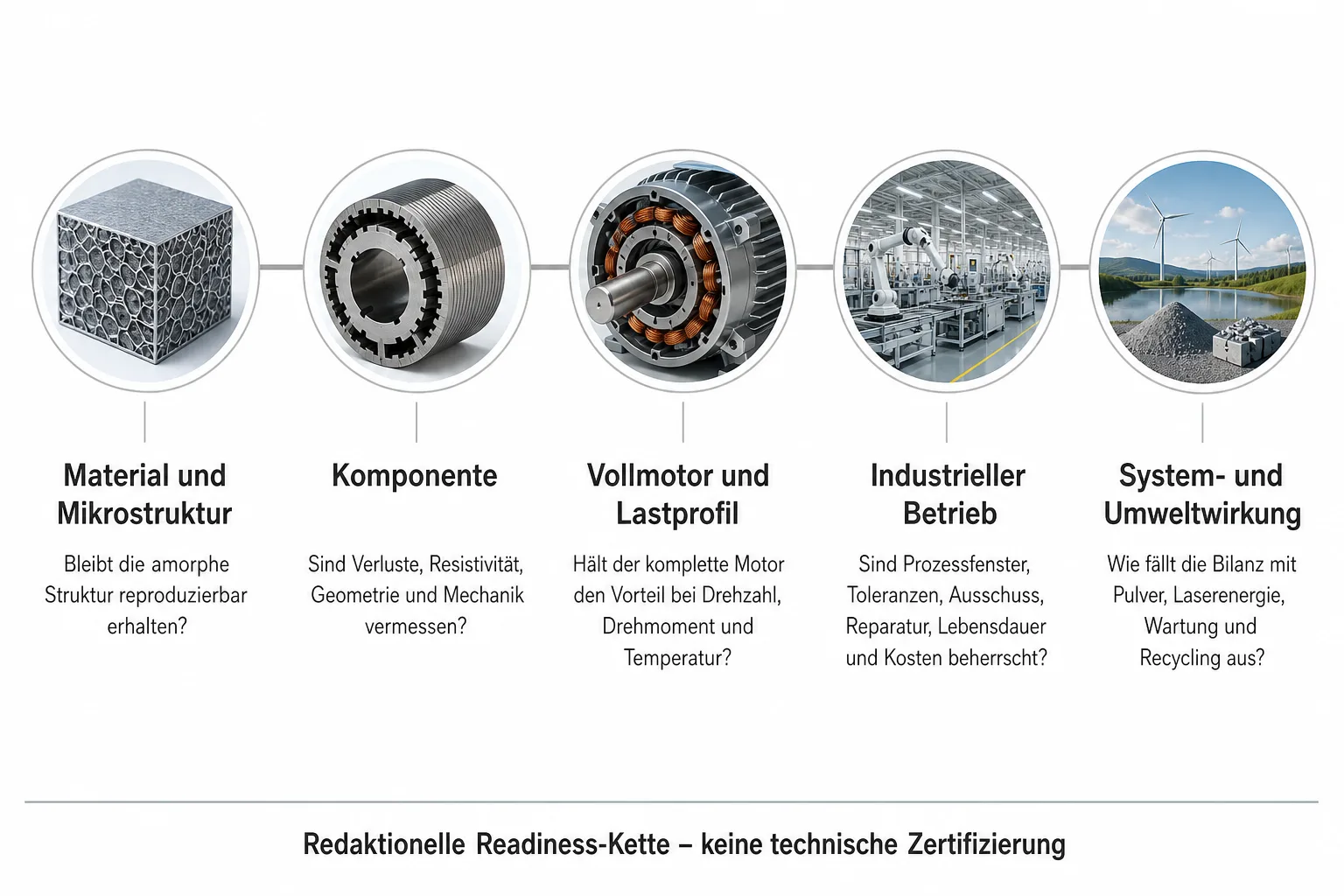 Fünfstufige redaktionelle Prüfstrecke von Material und Mikrostruktur über Komponente und Vollmotor bis zu Betrieb sowie System- und Umweltwirkung