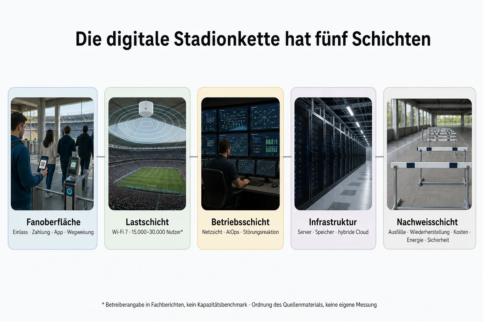 Fünfteilige Prozessgrafik von Fanoberfläche und Wi-Fi über Netzbetrieb und Infrastruktur bis zum offenen Nachweis